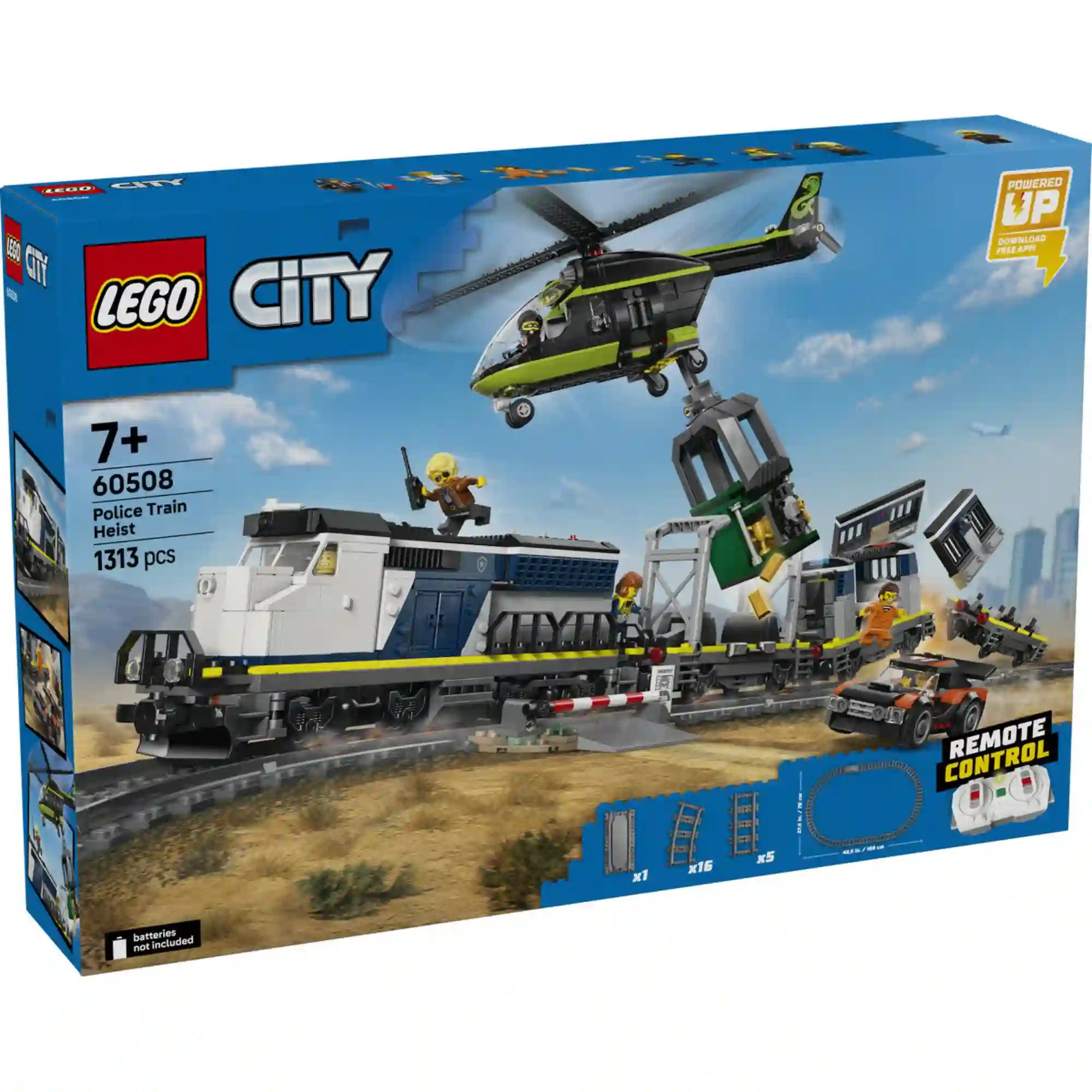 LEGO City 60508 Police Train Heist doboz elölnézet, helikopterrel felemelt széffel és akció közbeni vonattal.