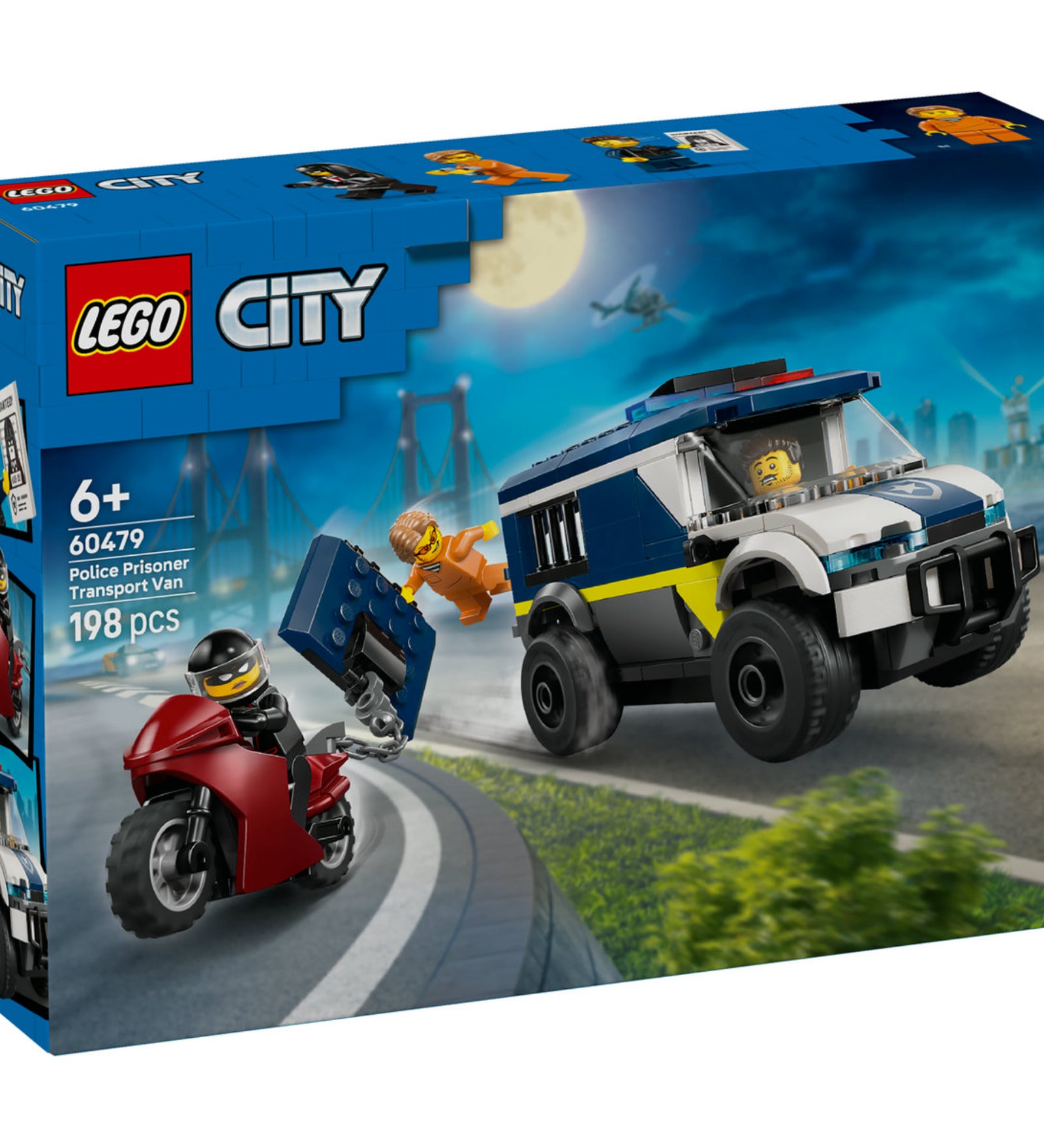 LEGO City Police Prisoner Transport Van (60479) – a doboz elölnézete, rendőri üldözés jelenete fogollyal és motorral.