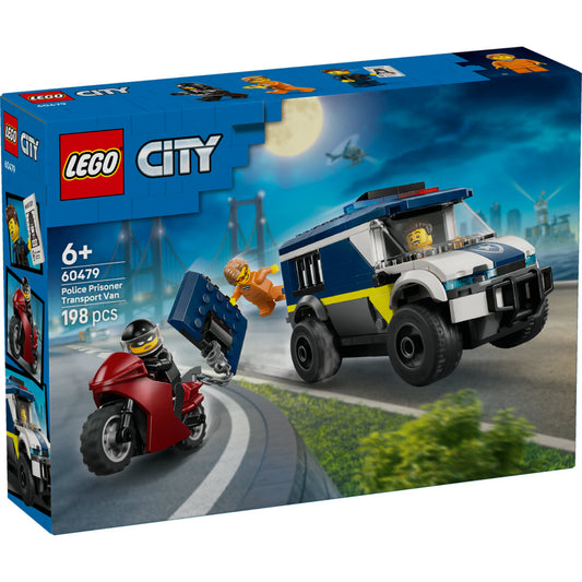 LEGO City Police Prisoner Transport Van (60479) – a doboz elölnézete, rendőri üldözés jelenete fogollyal és motorral.
