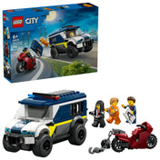 LEGO City Police Prisoner Transport Van (60479) – a megépített rendőrségi furgon, minifigurák és motoros kiegészítők.