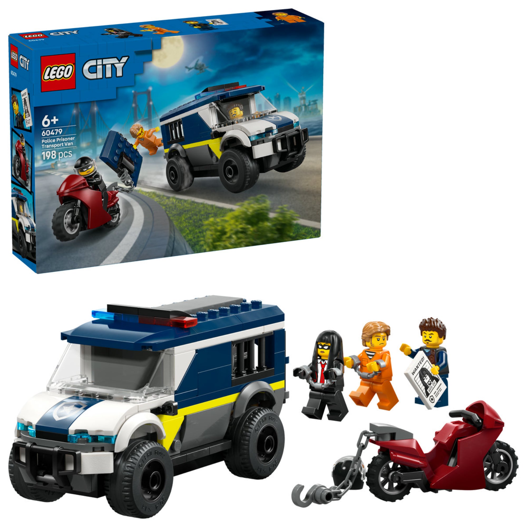 LEGO City Police Prisoner Transport Van (60479) – a megépített rendőrségi furgon, minifigurák és motoros kiegészítők.