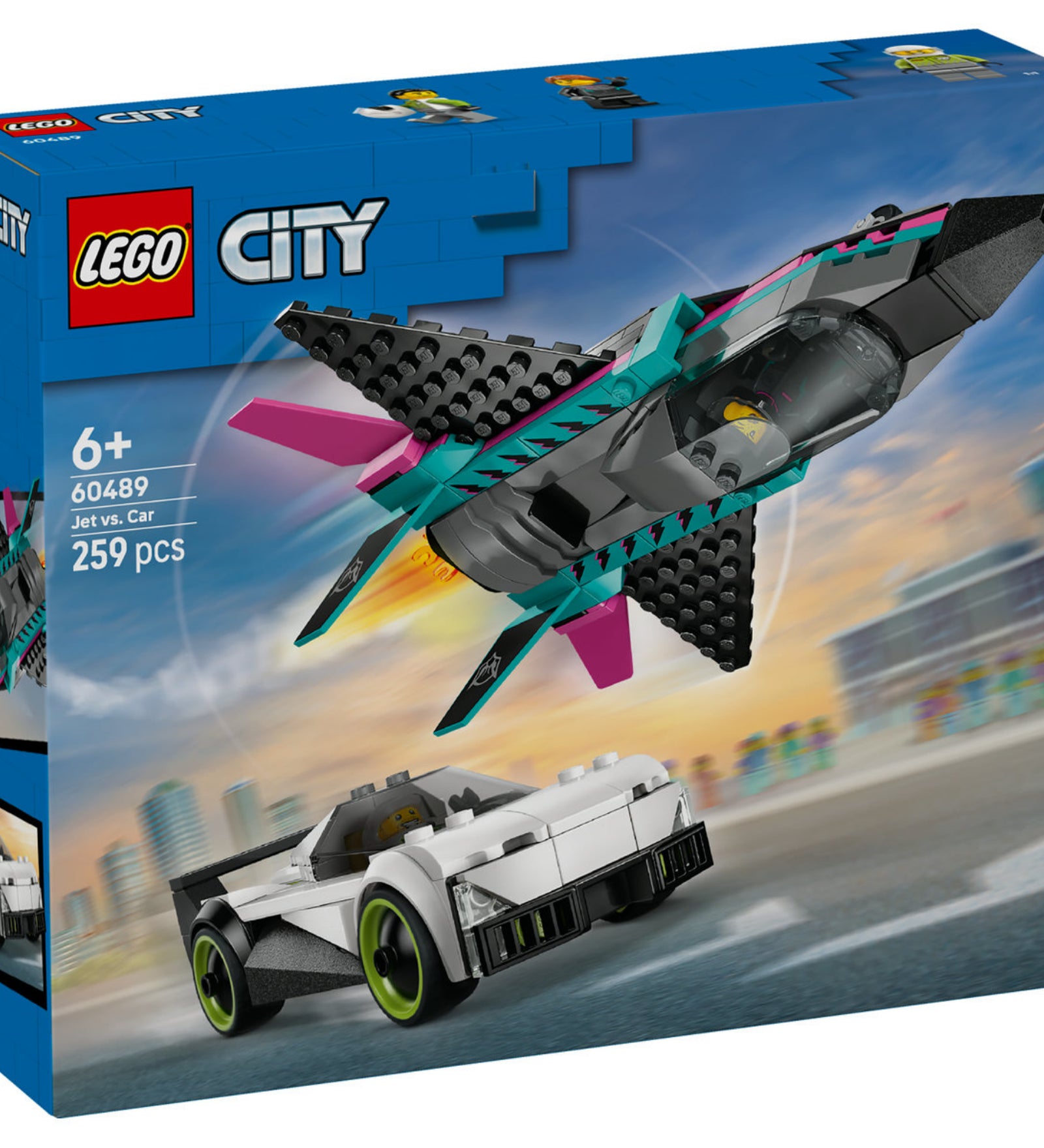 LEGO City 60489 Jet vs. Car készlet dobozának eleje, vadászgéppel és sportautóval