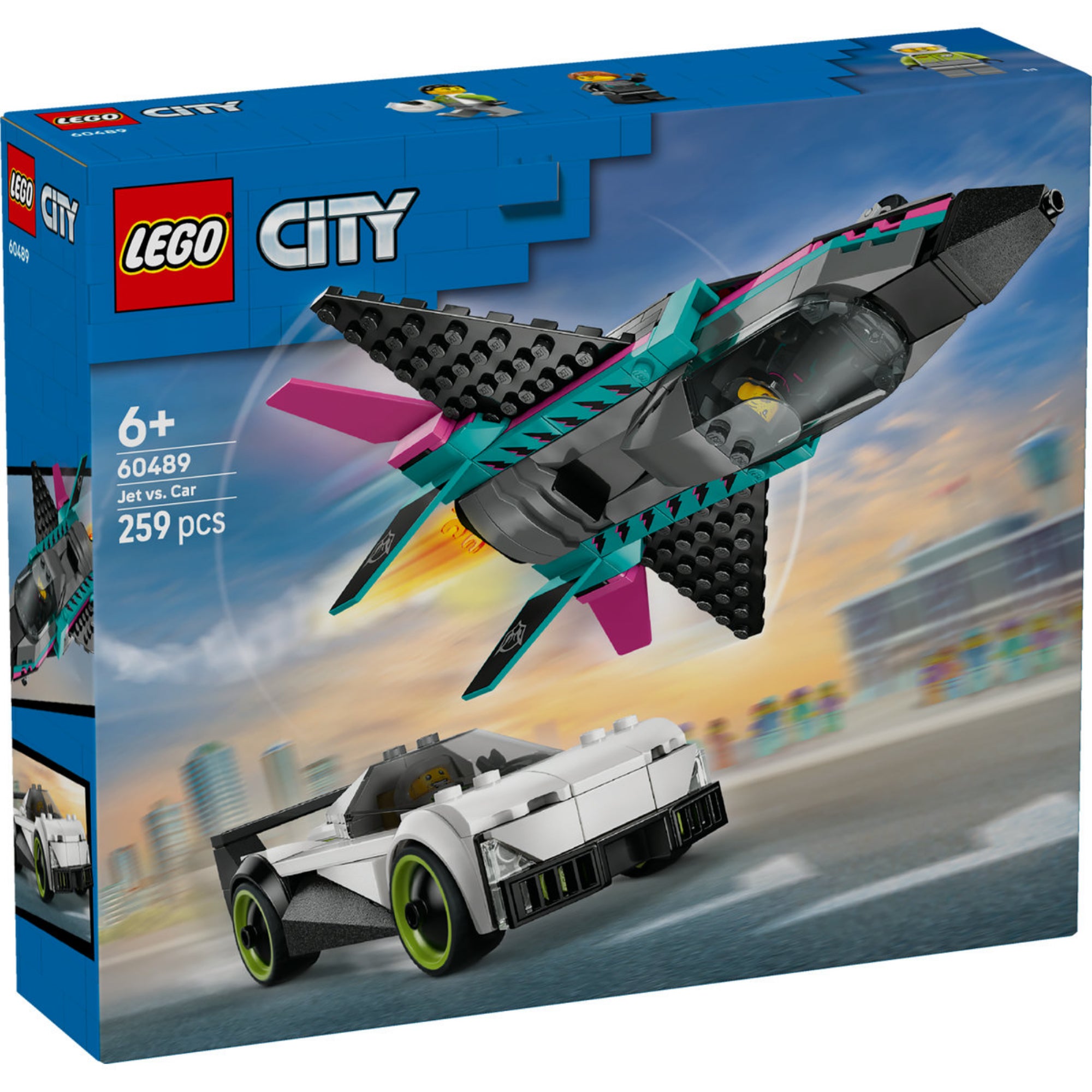 LEGO City 60489 Jet vs. Car készlet dobozának eleje, vadászgéppel és sportautóval