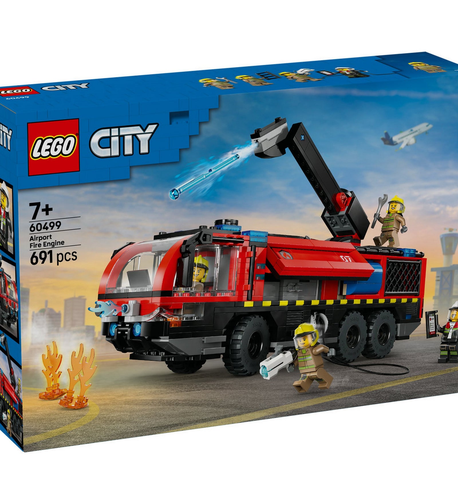 LEGO City Repülőtéri tűzoltóautó 60499 – elölnézeti dobozkép, vízágyús tűzoltóautó bevetés közben.