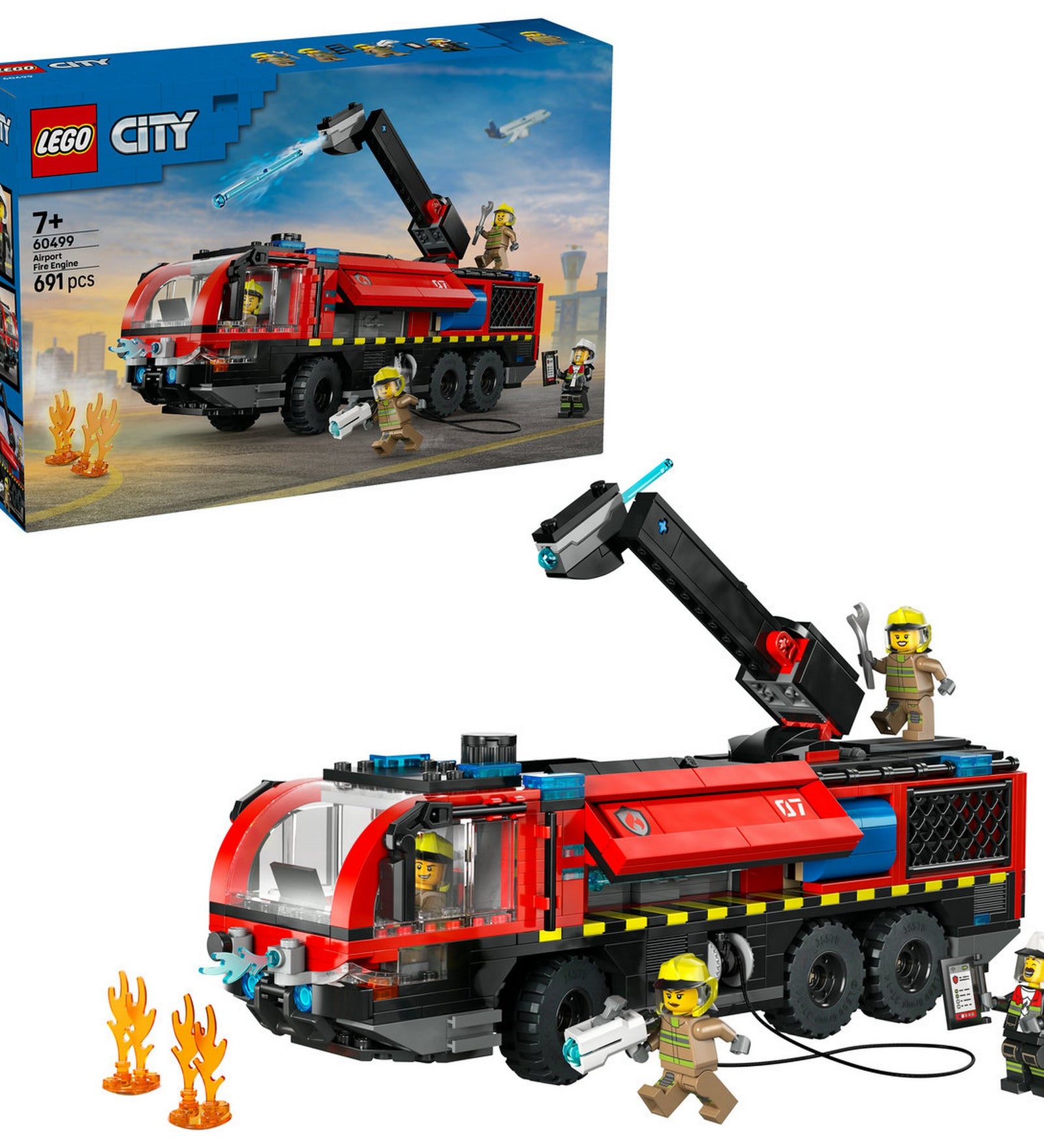 LEGO City Repülőtéri tűzoltóautó 60499 – dobozkép és megépített tűzoltó jármű minifigurákkal és láng elemekkel.