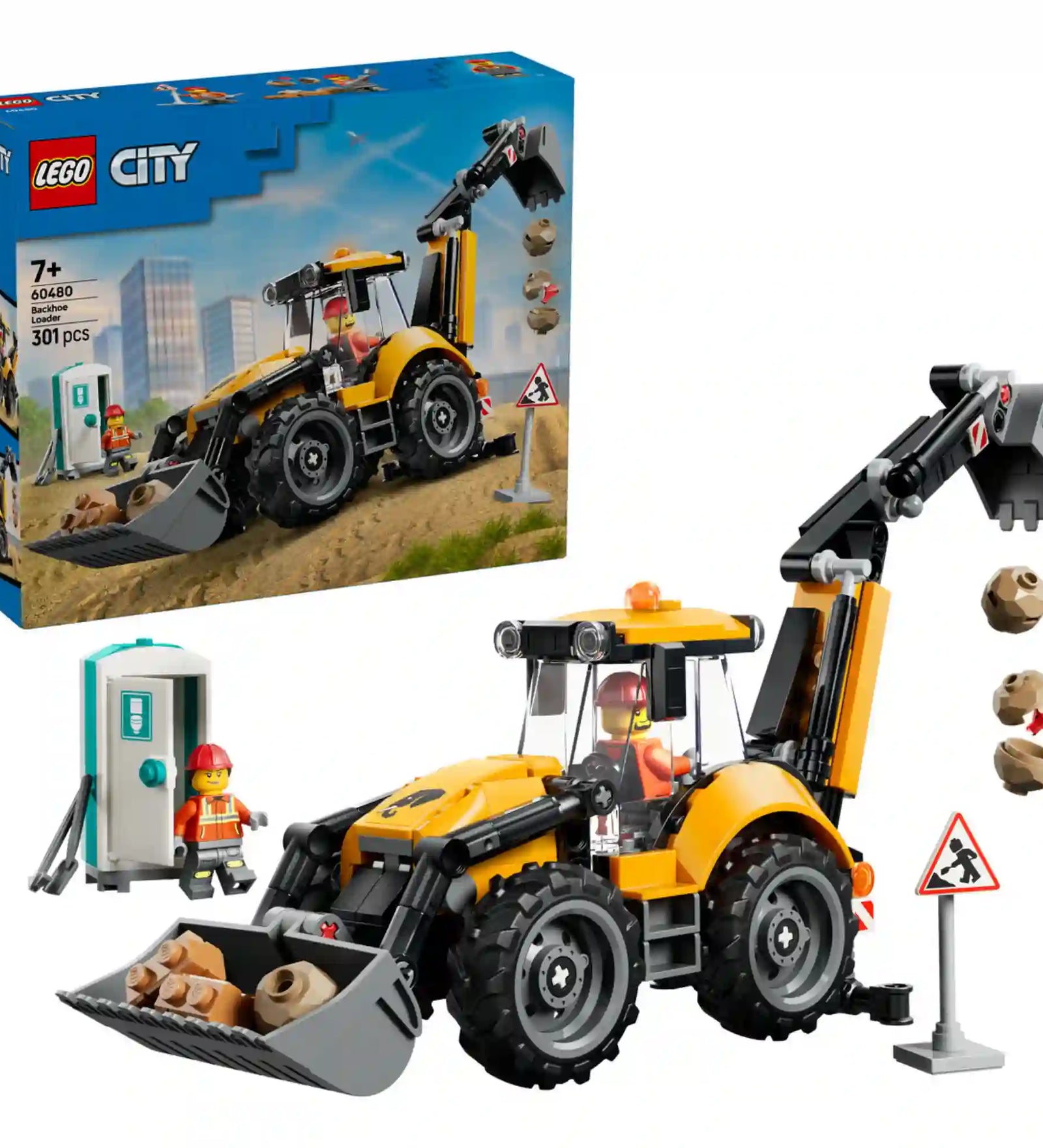 LEGO City: Markoló-rakodógép (60480), 301 darabos készlet teljes tartalma a dobozzal, markoló-rakodógéppel, munkás minifigurával, mobil WC-vel és útépítési kiegészítőkkel.