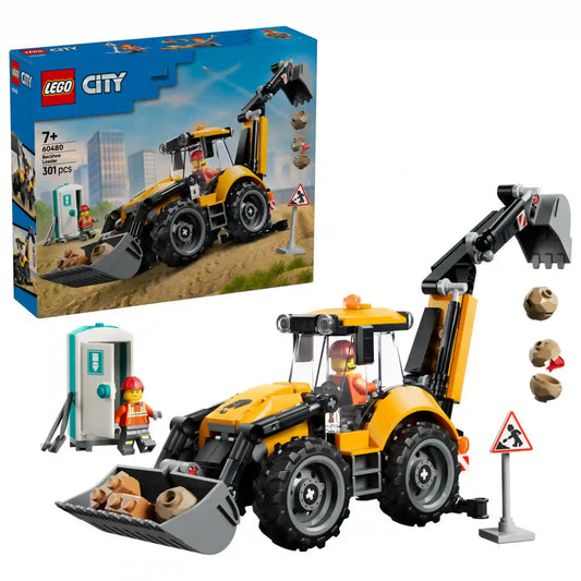 LEGO City: Markoló-rakodógép (60480), 301 darabos készlet teljes tartalma a dobozzal, markoló-rakodógéppel, munkás minifigurával, mobil WC-vel és útépítési kiegészítőkkel.