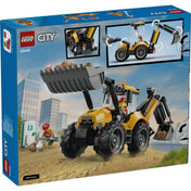 LEGO City: Markoló-rakodógép (60480), 301 darabos dobozának hátoldala, amely bemutatja a markoló-rakodógép mozgatható kanál- és markolókar funkcióit.