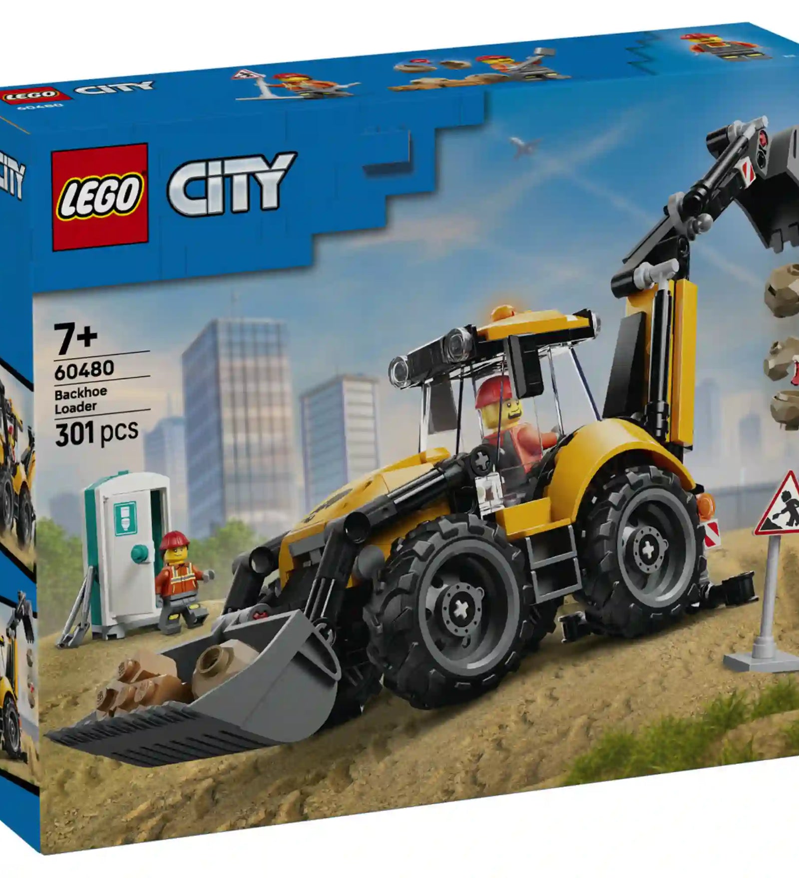 LEGO City: Markoló-rakodógép (60480), 301 darabos dobozképe, sárga markoló-rakodógéppel, építési helyszínnel és munkás minifigurával.