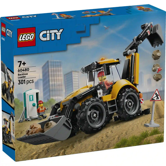 LEGO City: Markoló-rakodógép (60480), 301 darabos dobozképe, sárga markoló-rakodógéppel, építési helyszínnel és munkás minifigurával.