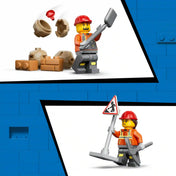 LEGO City: Markoló-rakodógép (60480), 301 darabos munkás minifigurák és építési helyszín kiegészítői, ásóval, útjelző táblával, kövekkel és munkaterületi elemekkel.