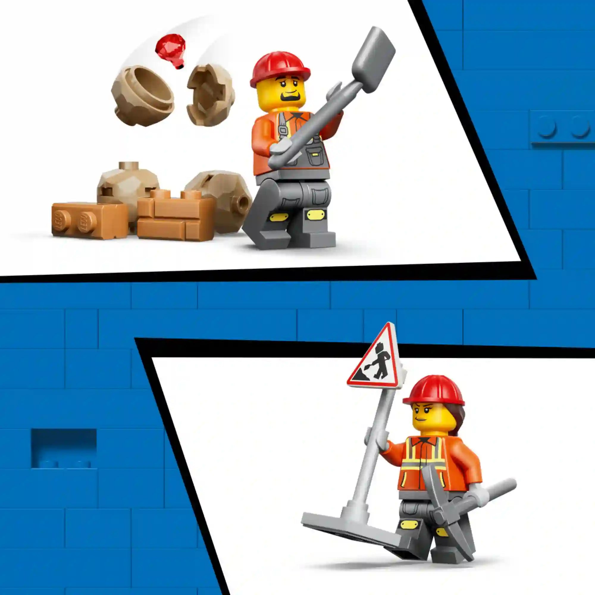LEGO City: Markoló-rakodógép (60480), 301 darabos munkás minifigurák és építési helyszín kiegészítői, ásóval, útjelző táblával, kövekkel és munkaterületi elemekkel.