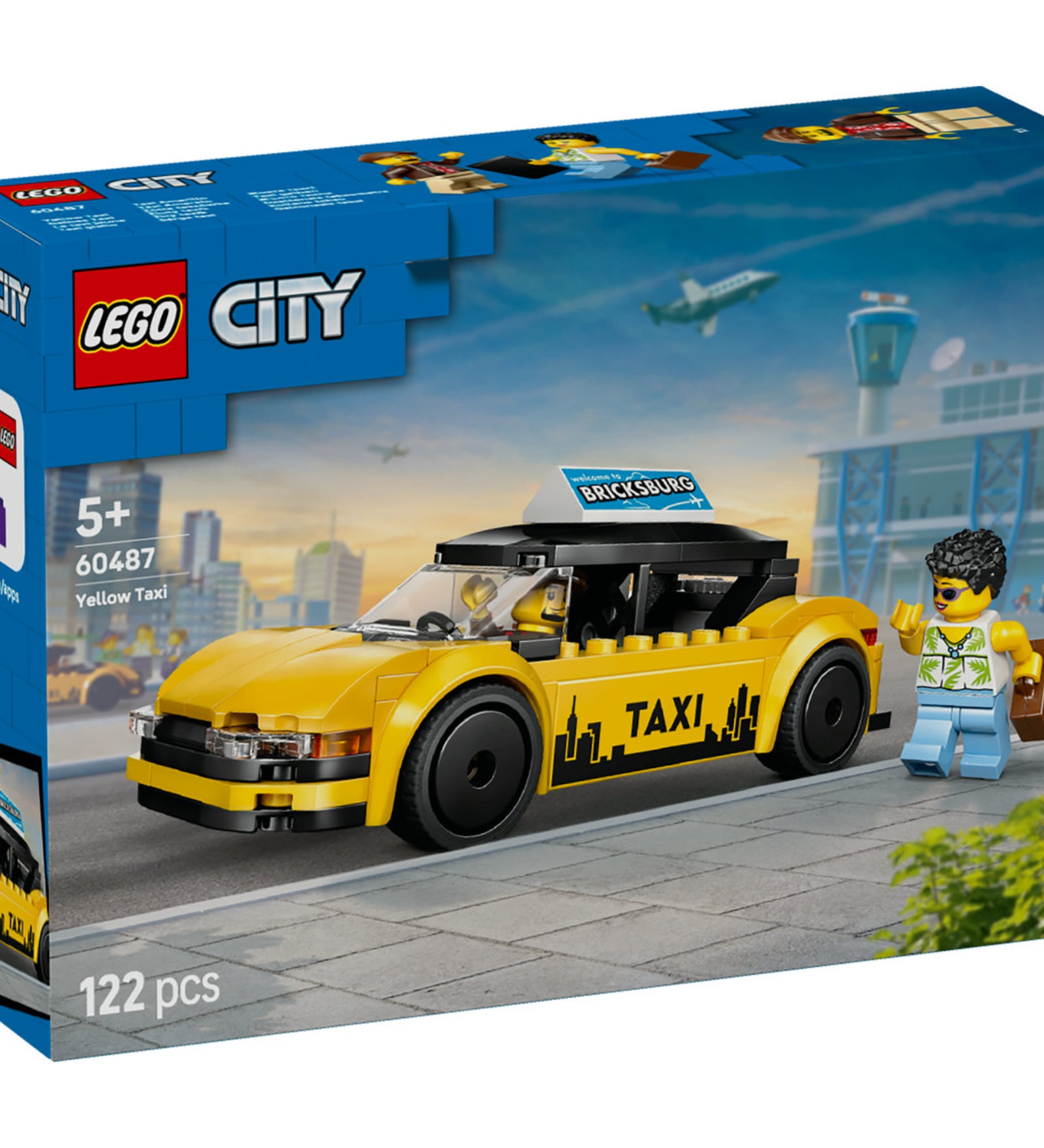 LEGO City Yellow Taxi (60487) – a doboz elölnézete oldalról, a taxi és a minifigura részleteivel.