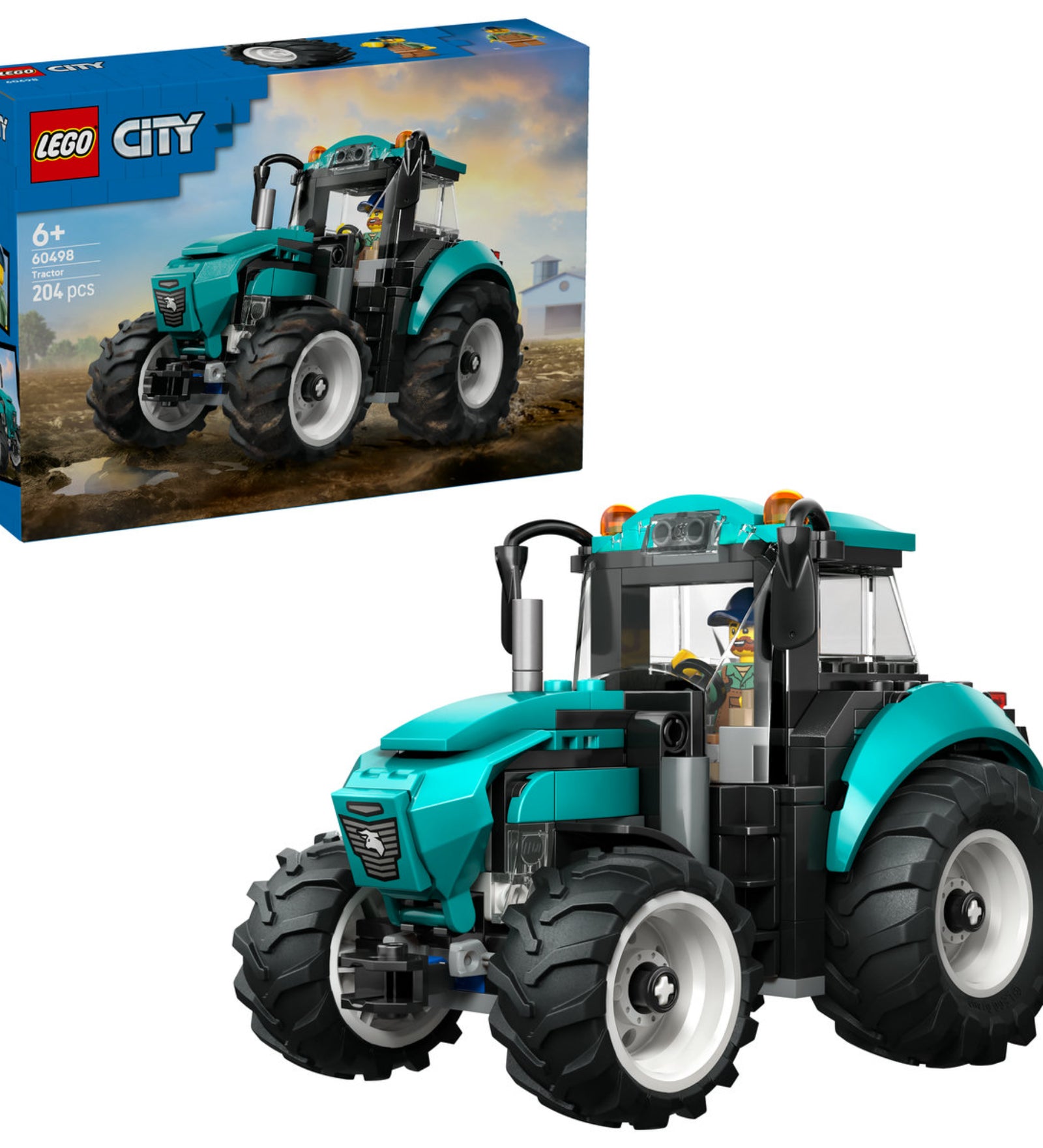 LEGO City Tractor (60498) – a megépített zöld traktor nagy terepgumikkal és vezető minifigurával.