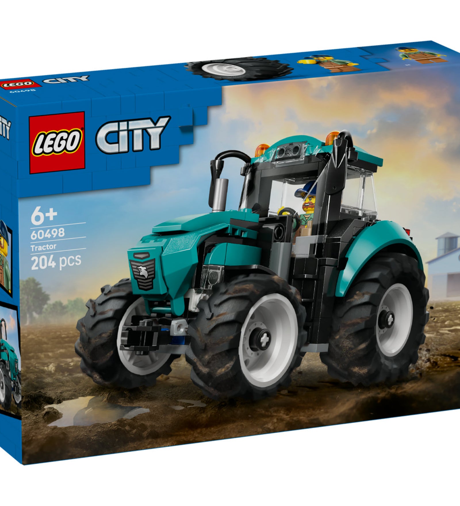 LEGO City Tractor (60498) – a készlet dobozának elölnézete, traktor szántóföldi környezetben.