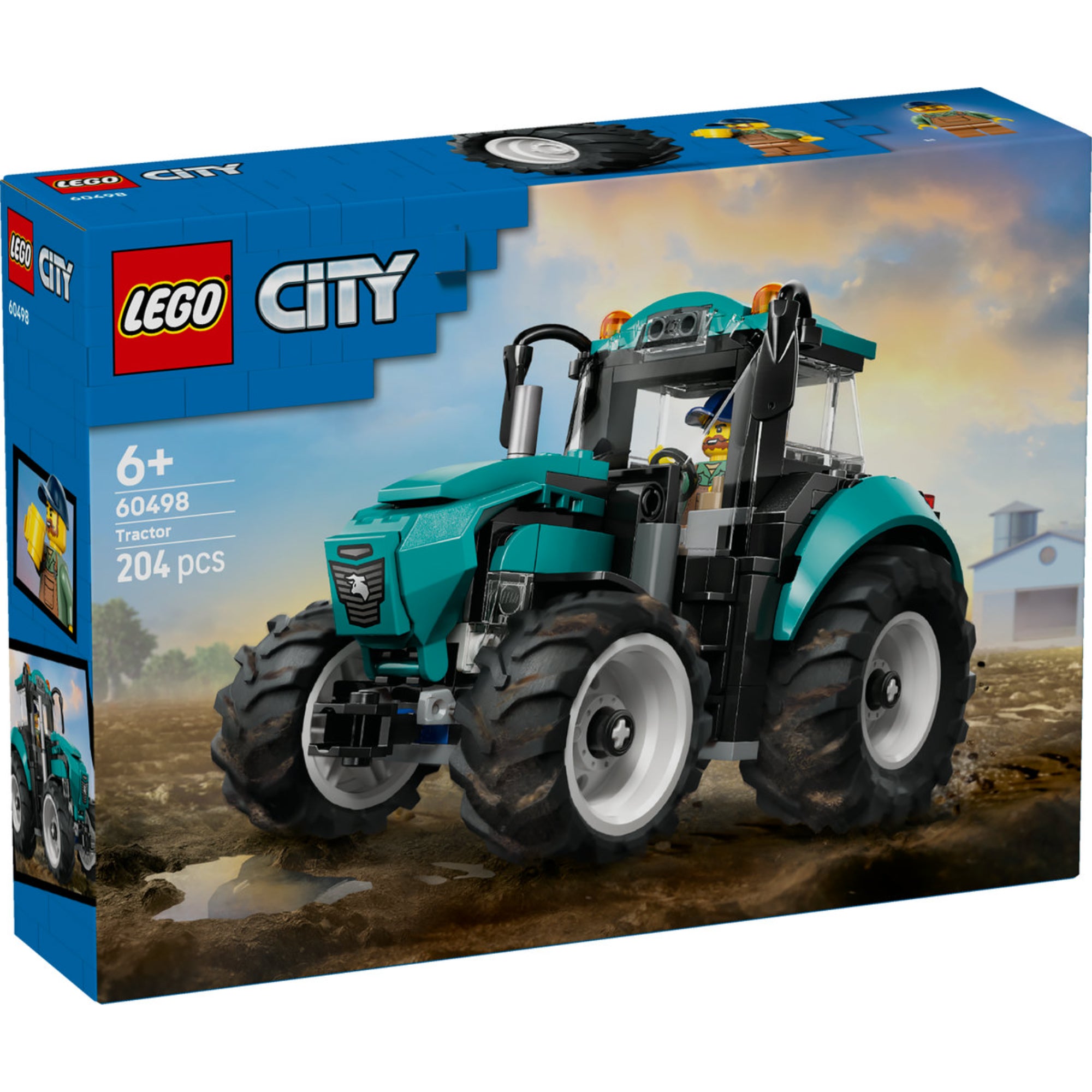 LEGO City Tractor (60498) – a készlet dobozának elölnézete, traktor szántóföldi környezetben.