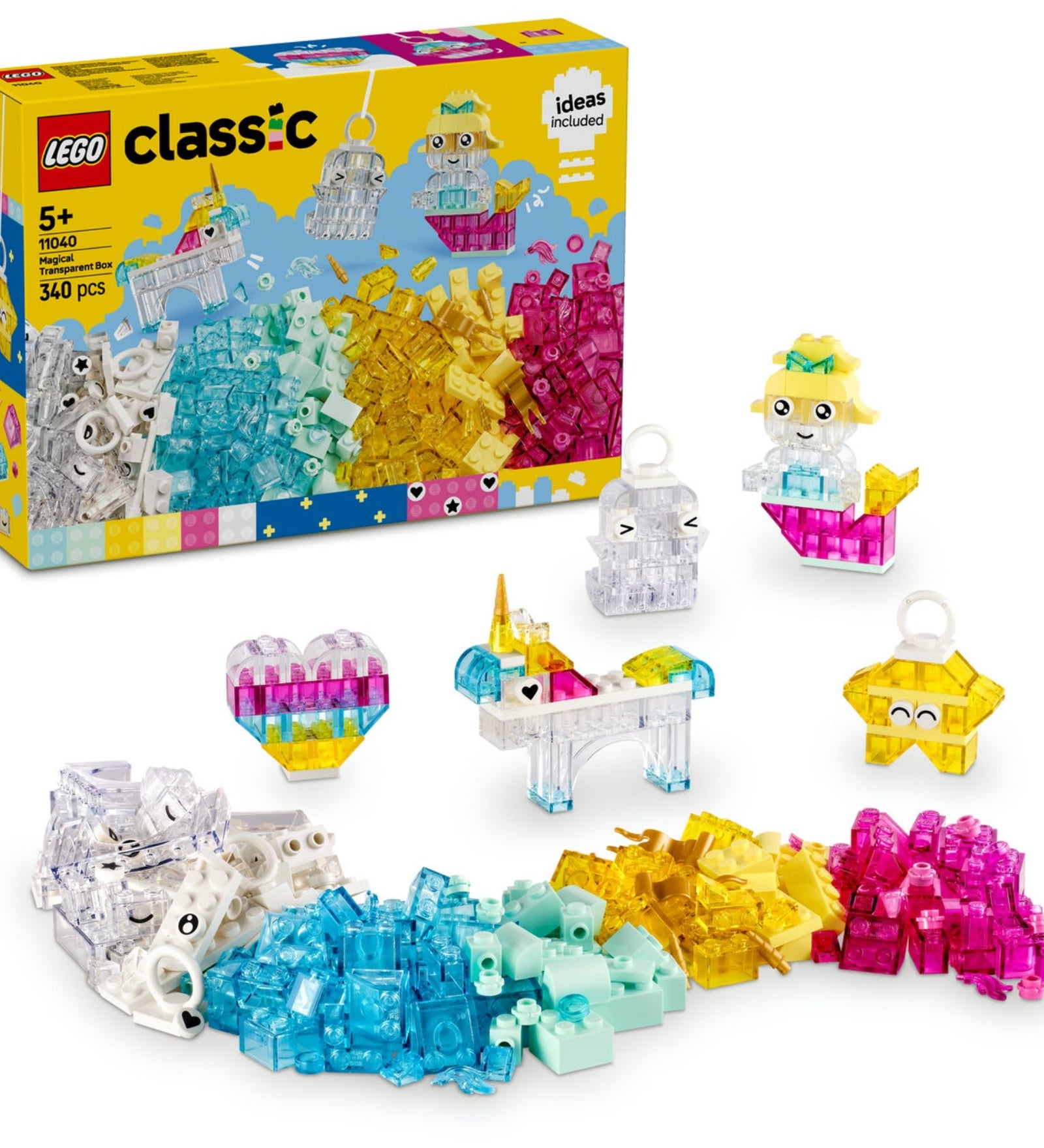 Ez a kép a LEGO Classic Átlátszó bűvös kockák (11040) készletet mutatja be, amely 340 színes, áttetsző építőkockát tartalmaz. A dobozból különféle varázslatos alkotások építhetők, például egy unikornis kastély, csillag, szív, sellő és mókás figurák. A szett tökéletes a kreatív játékhoz, és a gyerekek fantáziáját végtelen lehetőségekkel inspirálja!