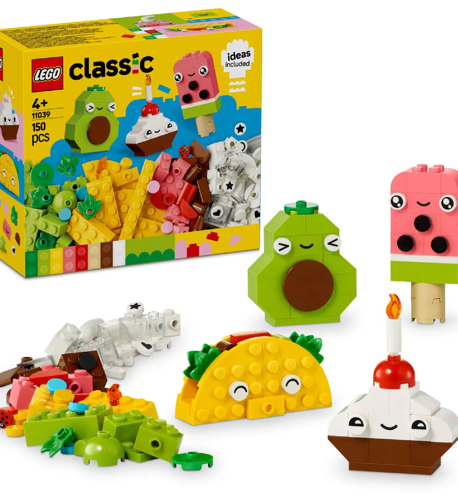 LEGO Classic Alkotóelemek készlet vidám ételekkel – a képen egy színes LEGO készlet látható, amely tartalmaz egy mosolygós avokádót, egy fagyit, egy muffint gyertyával és egy tacót, valamint építőelemeket és dekorációkat különböző kreatív alkotásokhoz.