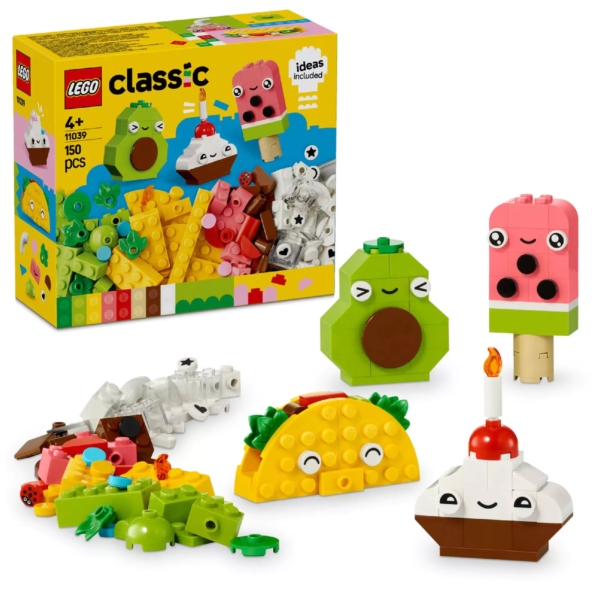 LEGO Classic Alkotóelemek készlet vidám ételekkel – a képen egy színes LEGO készlet látható, amely tartalmaz egy mosolygós avokádót, egy fagyit, egy muffint gyertyával és egy tacót, valamint építőelemeket és dekorációkat különböző kreatív alkotásokhoz.