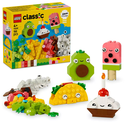 LEGO Classic Alkotóelemek készlet vidám ételekkel – a képen egy színes LEGO készlet látható, amely tartalmaz egy mosolygós avokádót, egy fagyit, egy muffint gyertyával és egy tacót, valamint építőelemeket és dekorációkat különböző kreatív alkotásokhoz.
