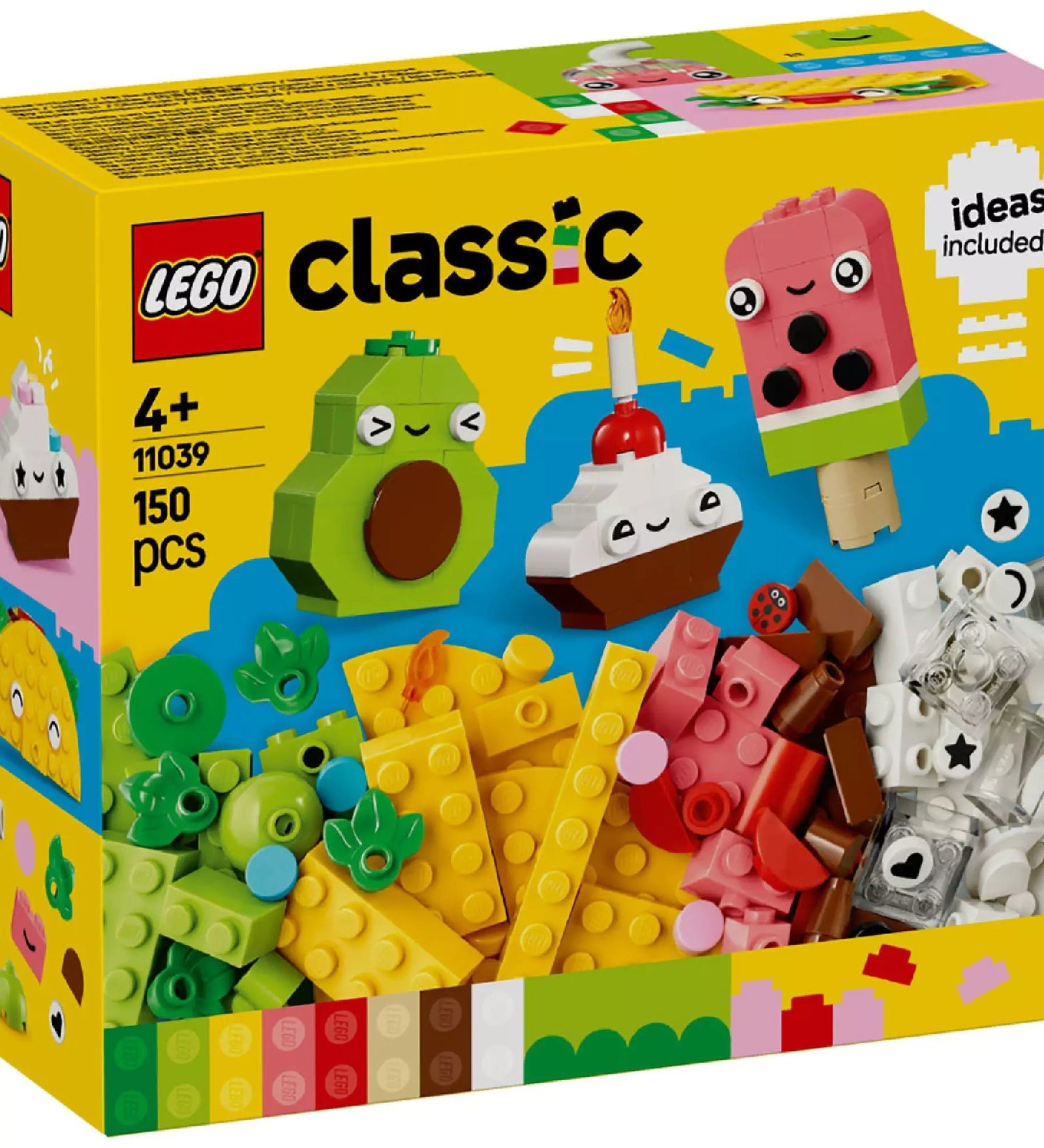 Kép a LEGO Classic Kreatív Ételek (11039) készletről, amely színes építőkockákat és vidám modelleket, például muffint, jégkrémet, avokádót és tacót tartalmaz.