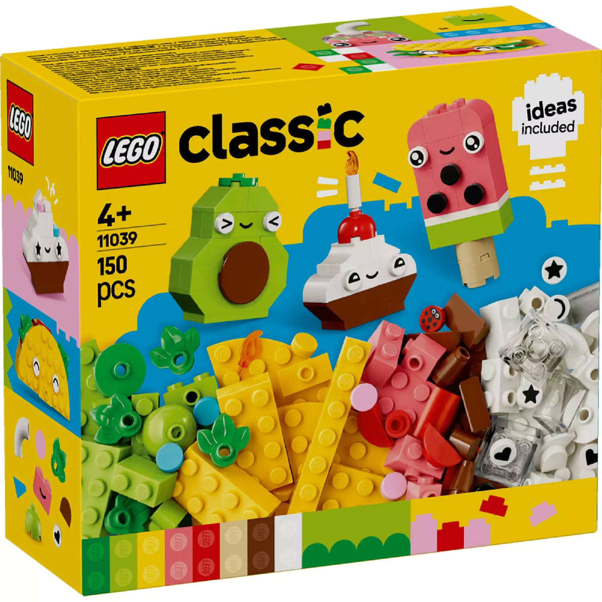 Kép a LEGO Classic Kreatív Ételek (11039) készletről, amely színes építőkockákat és vidám modelleket, például muffint, jégkrémet, avokádót és tacót tartalmaz.
