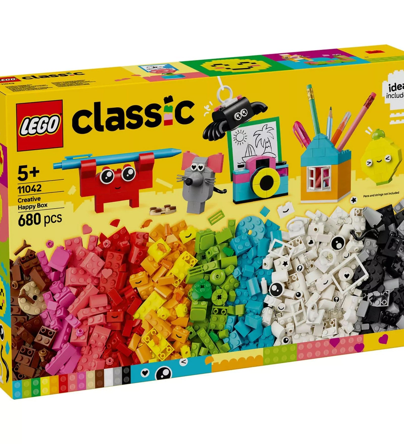  LEGO Classic Kreatív vidámságdoboz (11042) dobozképe, amely bemutatja a készlet tartalmát, például színes LEGO elemeket és különböző kreatív építményeket.