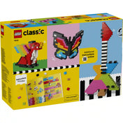 LEGO Classic Kreatív színes építőkockák (11045) dobozának hátoldala színes modellötletekkel, köztük pillangóval, rókával és absztrakt művészi alkotással, valamint online építési útmutató információkkal.