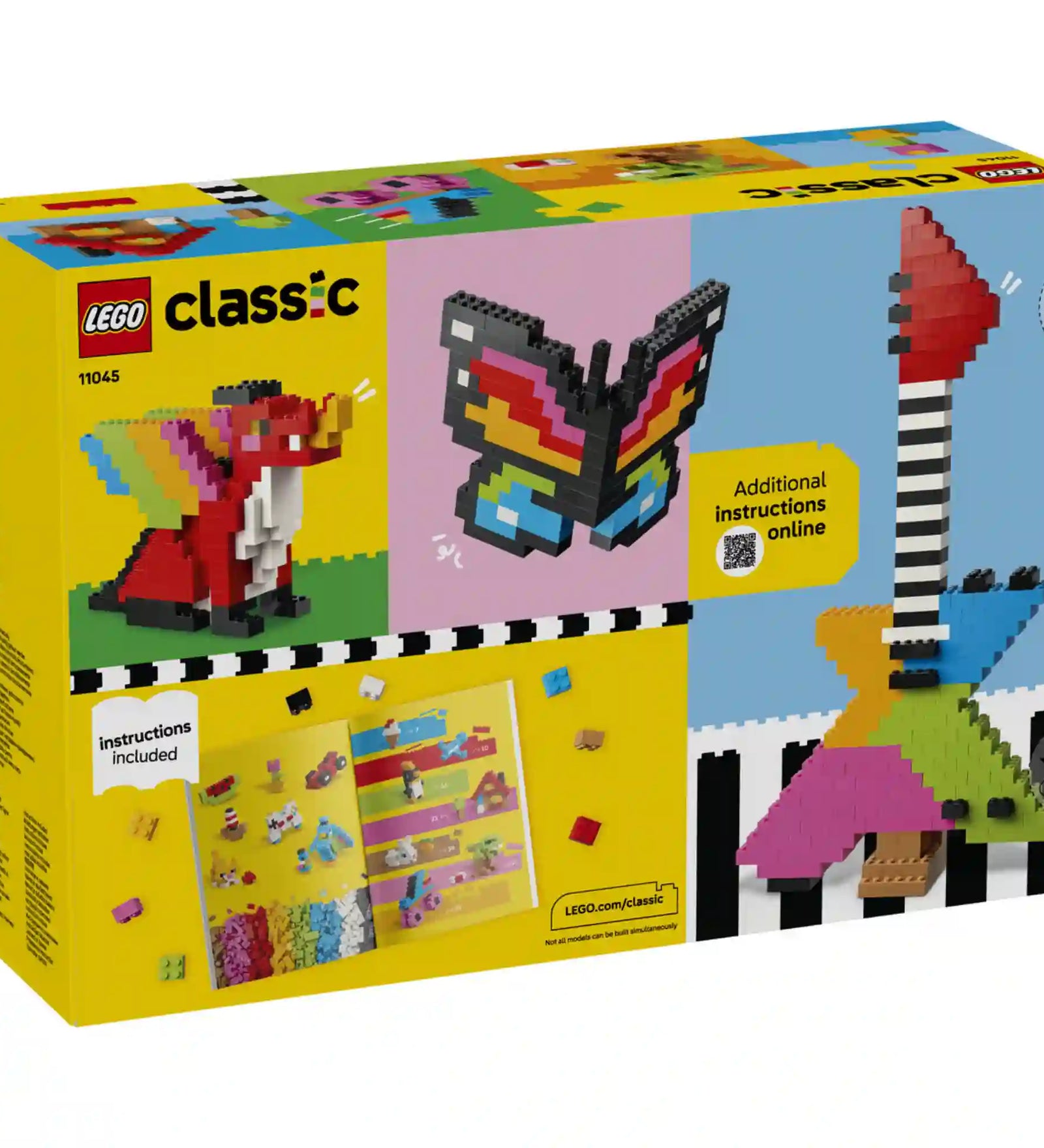 LEGO Classic Kreatív színes építőkockák (11045) dobozának hátoldala színes modellötletekkel, köztük pillangóval, rókával és absztrakt művészi alkotással, valamint online építési útmutató információkkal.