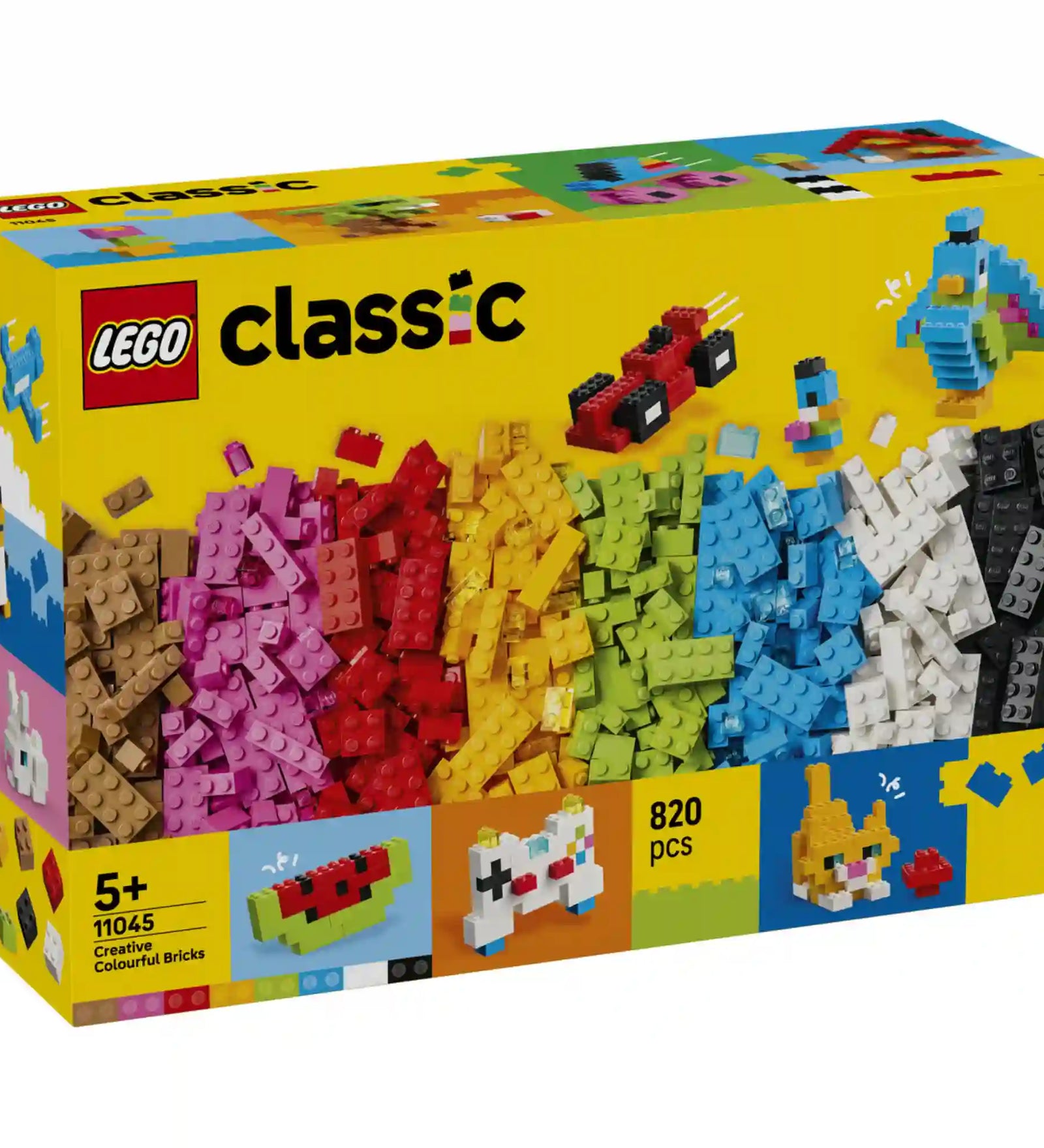 LEGO Classic Kreatív színes építőkockák (11045) dobozképe, amely 820 élénk színű LEGO elemet és inspiráló építési ötleteket mutat be, köztük autót, madarat, görögdinnyét és nyuszit.