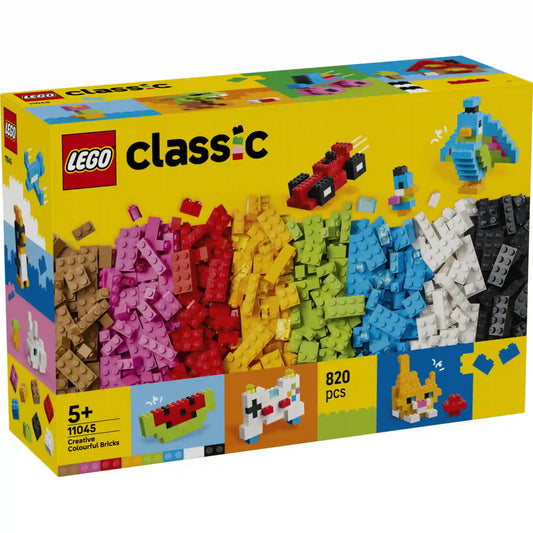LEGO Classic Kreatív színes építőkockák (11045) dobozképe, amely 820 élénk színű LEGO elemet és inspiráló építési ötleteket mutat be, köztük autót, madarat, görögdinnyét és nyuszit.