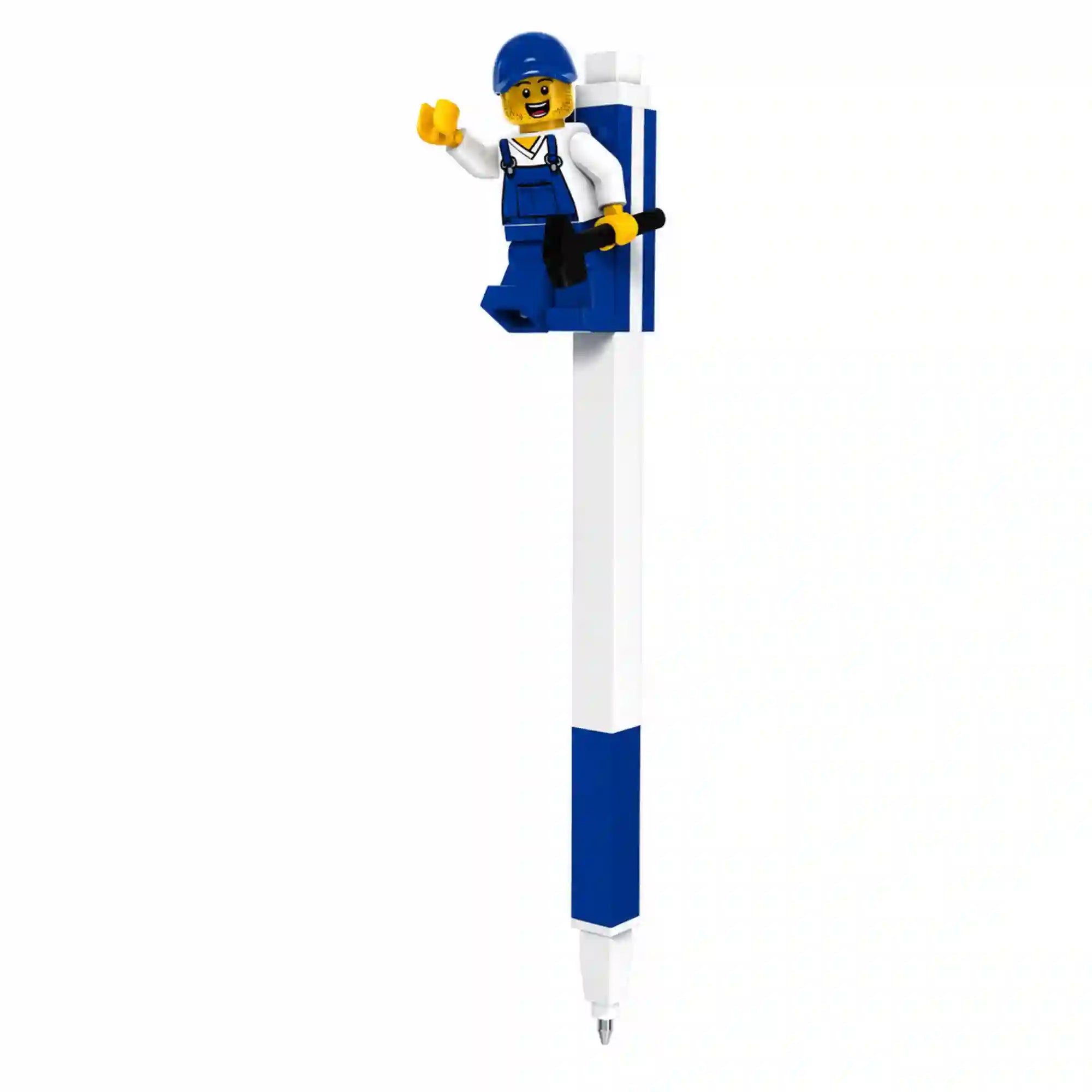 LEGO Toll (53702) kék-fehér színű golyóstoll kék munkás minifigurával, fehér háttéren.
