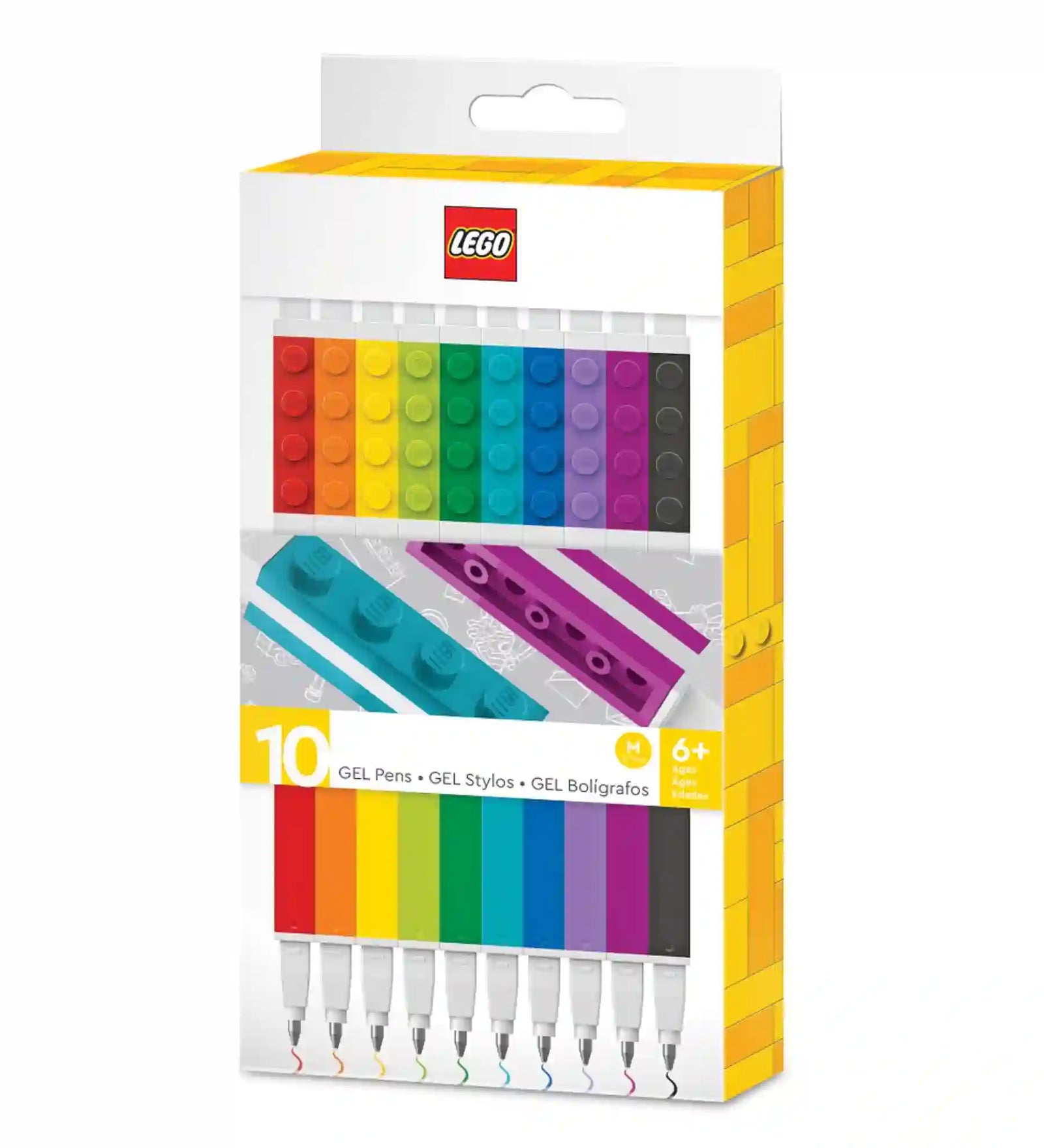 LEGO zseléstoll készlet 10 darab szivárványszínű tollal, LEGO kockákkal kompatibilis markolattal, díszdobozban.
