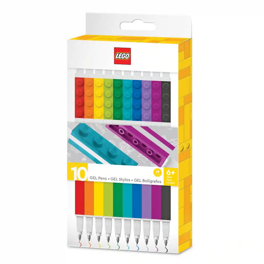 LEGO zseléstoll készlet 10 darab szivárványszínű tollal, LEGO kockákkal kompatibilis markolattal, díszdobozban.