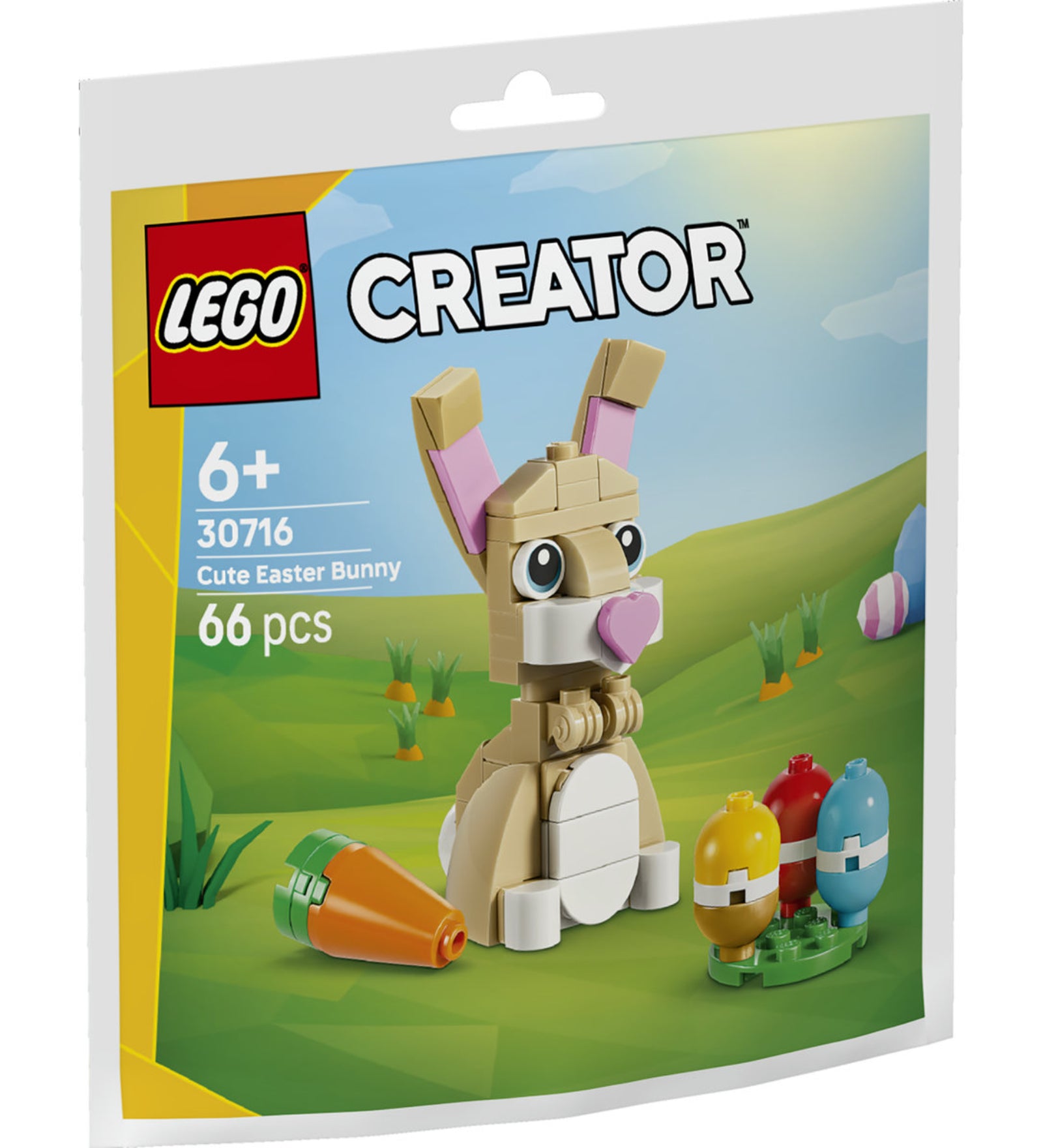 LEGO Creator Cute Easter Bunny (30716) készlet csomagolása, aranyos nyuszi figurával, színes húsvéti tojásokkal és répával.