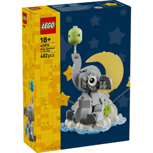 LEGO Baby Elephant in the Sky: Elefántbébi az égben 40814 készlet dobozképe, a felhőkön ülő elefántbébi modellel, holddal, csillagokkal és léggömbbel díszített jelenetben.