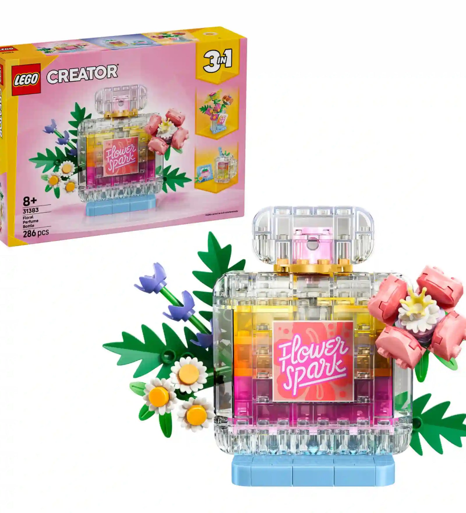 LEGO Creator Virágos parfümös üveg (31383) készlet megépített főmodellje és doboza, színes virágdíszekkel, átlátszó elemekkel és dekoratív kiállítási kialakítással.