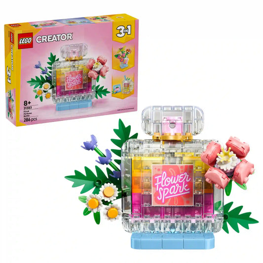 LEGO Creator Virágos parfümös üveg (31383) készlet megépített főmodellje és doboza, színes virágdíszekkel, átlátszó elemekkel és dekoratív kiállítási kialakítással.