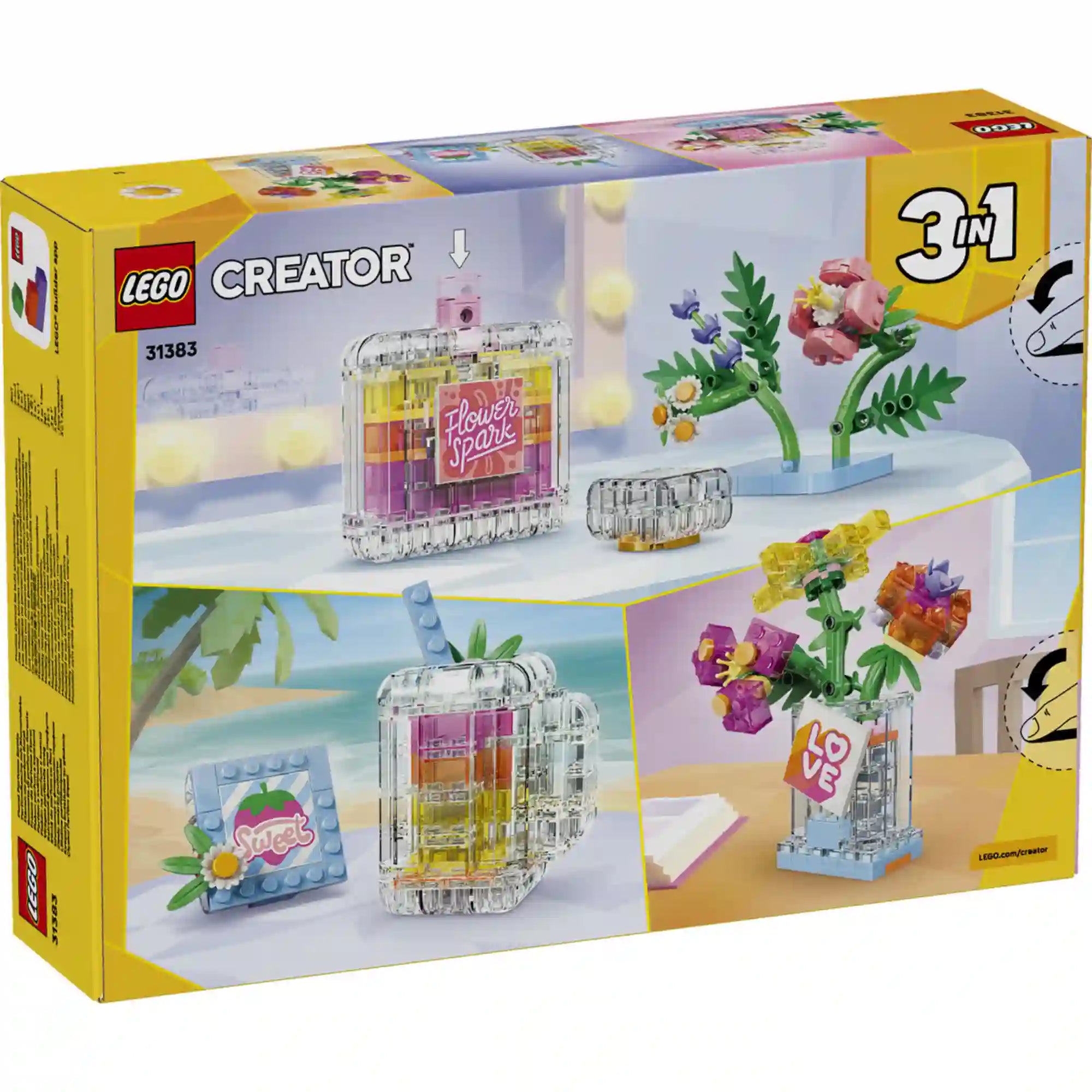 LEGO Creator Virágos parfümös üveg (31383) készlet hátoldali dobozképe, amely bemutatja a 3 az 1-ben építési lehetőségeket: parfümös üveg, virágos dísztárgy és bögre modell.