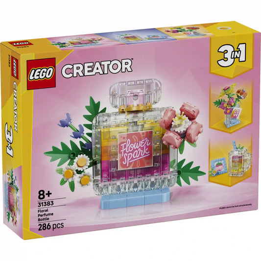 LEGO Creator Virágos parfümös üveg (31383) készlet elölnézeti dobozképe, a virágokkal dekorált átlátszó parfümös üveg modell és a két alternatív építési változat ábrázolásával.