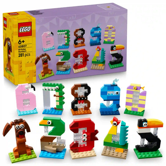 LEGO Birthday Numbers: Születésnapi számok 40807 készlet dobozképe és megépített modelljei, ahol a 0–9 számok vidám állatfigurákként és karakterekként jelennek meg.
