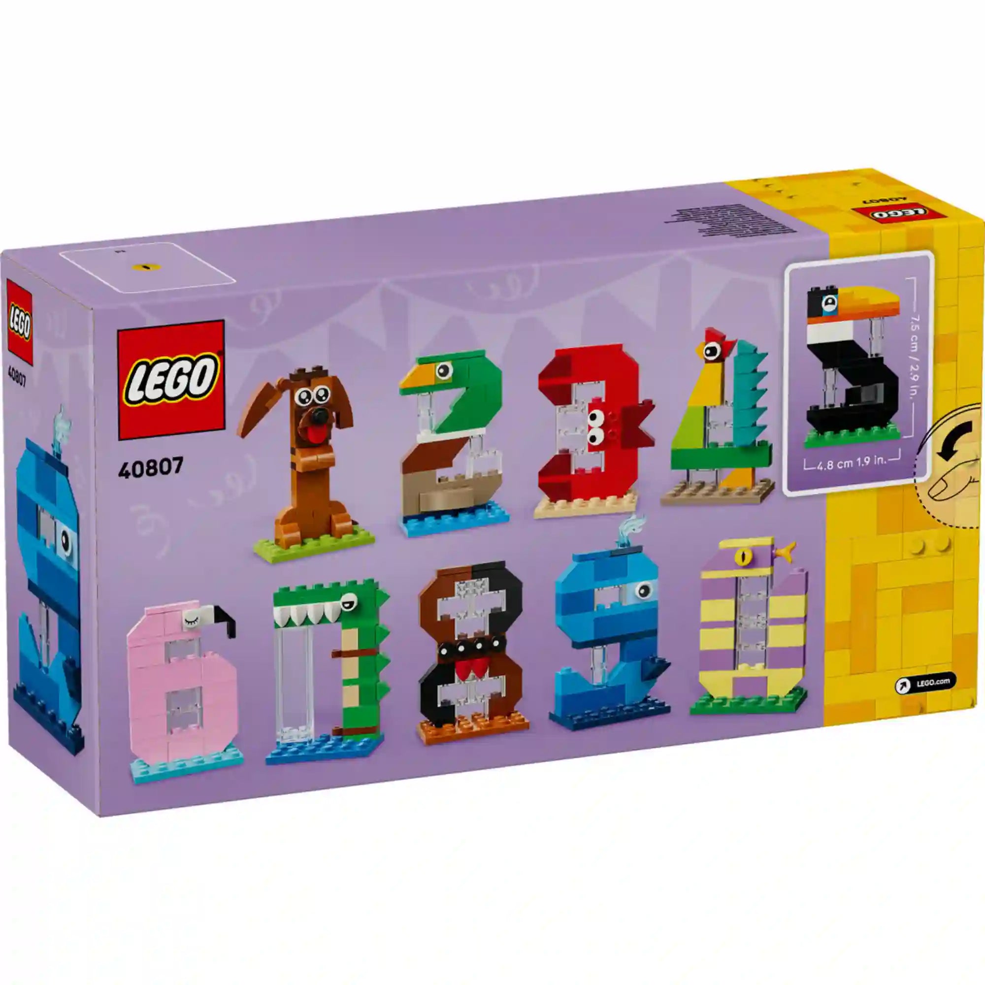 LEGO Birthday Numbers: Születésnapi számok 40807 készlet hátoldali dobozképe, amely bemutatja a különböző számmodelleket, köztük kutya, krokodil, bálna, madár és tukán formájú építményeket.