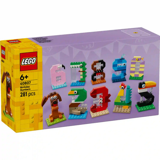 LEGO Birthday Numbers: Születésnapi számok 40807 készlet dobozképe, összes megépíthető száma és figurája fehér háttéren, színes állatokat és karaktereket idéző számjegyekkel.