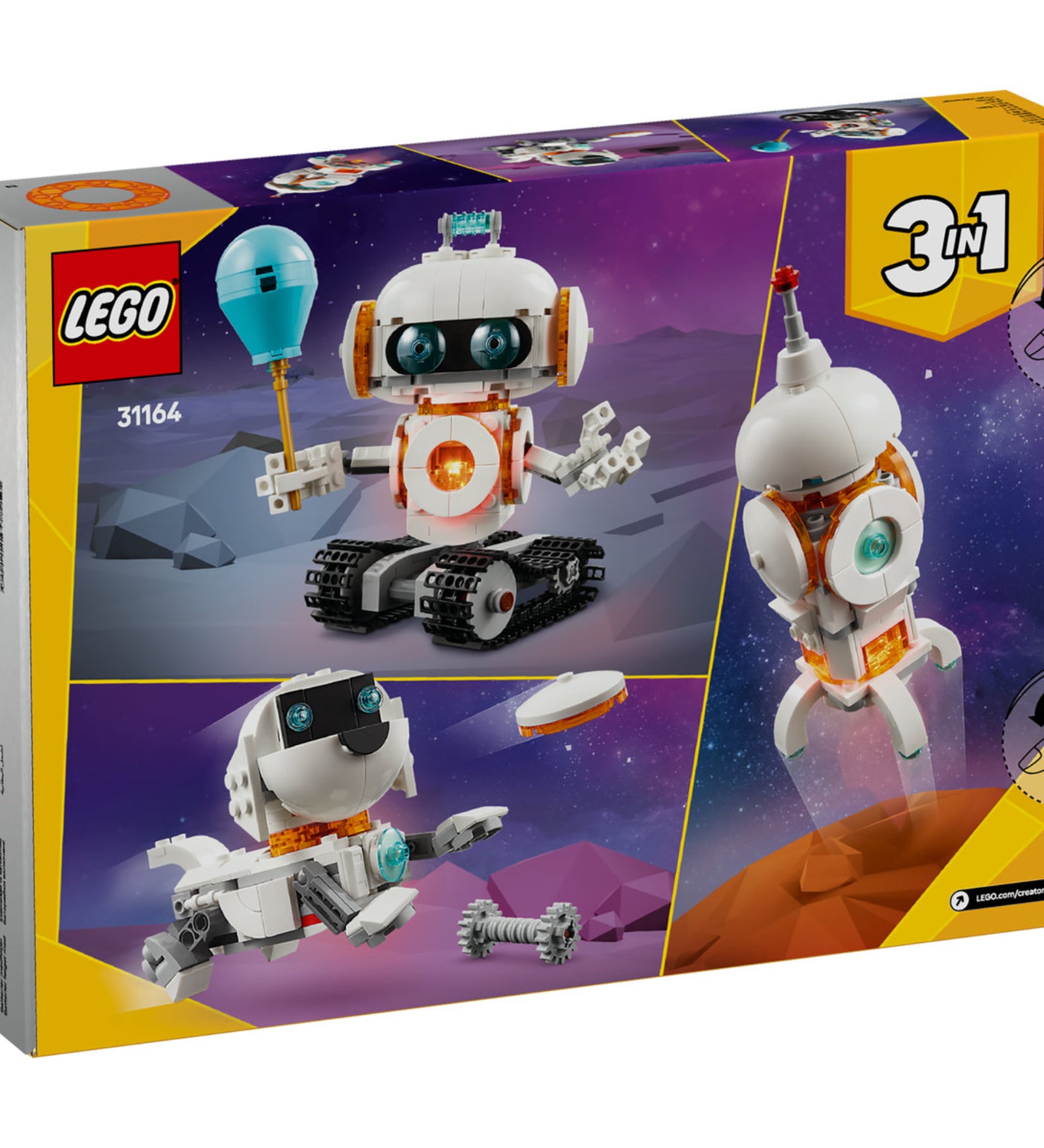 A LEGO Creator 31164 Űrrobot hátoldala, amely három különböző modellt tartalmaz: egy robotot, egy űrkutyát és egy rakétát, mind hátterében a lila űrben és sziklás terepen. A doboz a "3 az 1-ben" jelzést és a világító funkciót hangsúlyozza, amely a robot mellkasának megvilágítására szolgál.