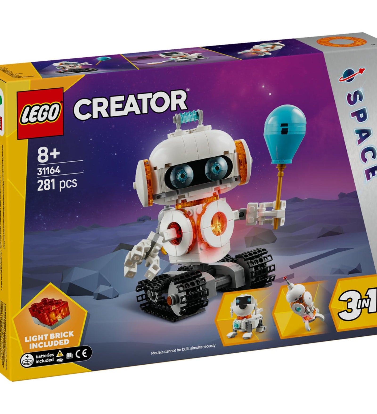 Egy LEGO Creator 3 az 1-ben Űrrobot 31164 doboza, amely háromféle modellt mutat be: egy robotot lánctalpakon, egy állítható űrkutyát és egy űrrakétát. A robot fő funkciója egy világító mellkas, a háttérben űrszerű tájjal és lila égbolttal.