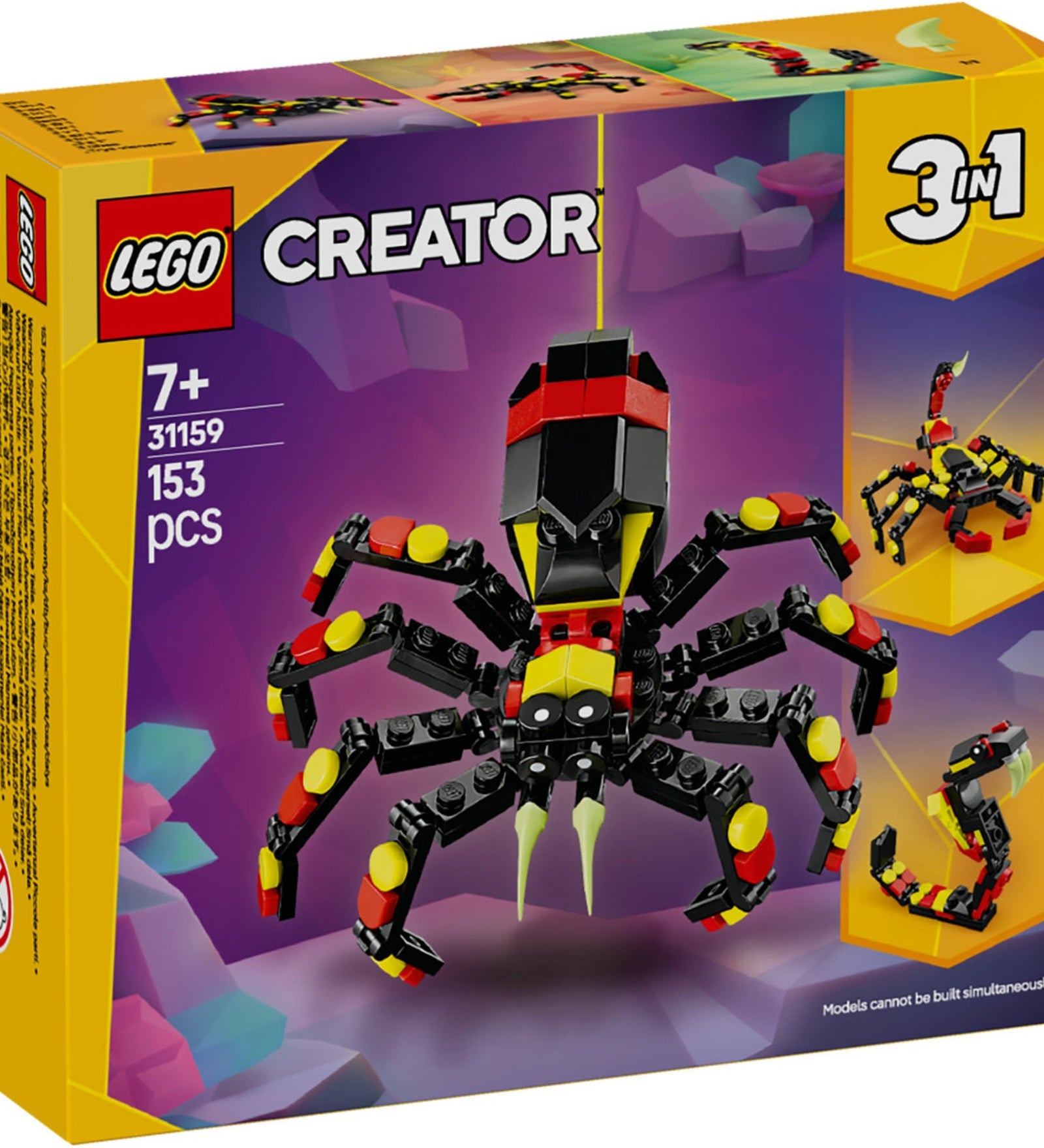 A LEGO Creator Vadállatok: Meglepő Pók 31159 készlet doboza, amely bemutatja a fő modellt, a színes pókot, és az alternatív modelleket, a skorpiót és a kígyót, minden részletet kiemelve a sokoldalú és szórakoztató építési lehetőségekről.