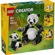 LEGO Creator 3 az 1-ben Vadállatok: Panda család 31165 dobozkép, melyen egy felnőtt és egy kölyök panda látható, bambusszal és további állati modellekkel.