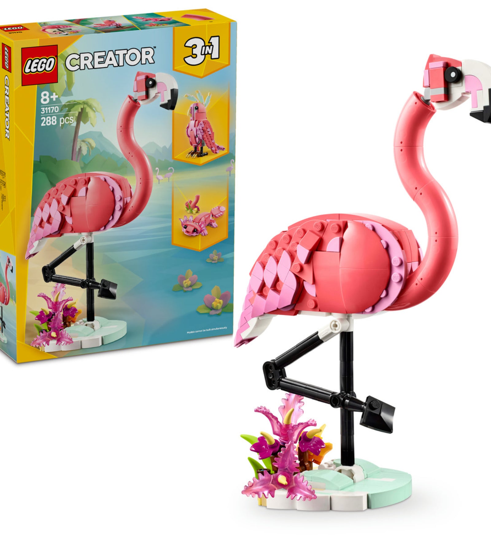 Ez a kép a LEGO Creator 3 az 1-ben Vadállatok: Rózsaszín Flamingó (31170) készletet mutatja be, amely 288 darabból áll. A fő modell egy elegáns rózsaszín flamingó, amely egy növényekkel díszített állványon pihen. A szett azonban három különböző építési lehetőséget kínál: a flamingó mellett egy kakadut és egy aranyos axolotlt is megépíthetnek a gyerekek. Ez a kreatív LEGO készlet tökéletes választás az állatrajongók és fiatal építők számára, akik szeretik a szórakoztató és újraépíthető modelleket!
