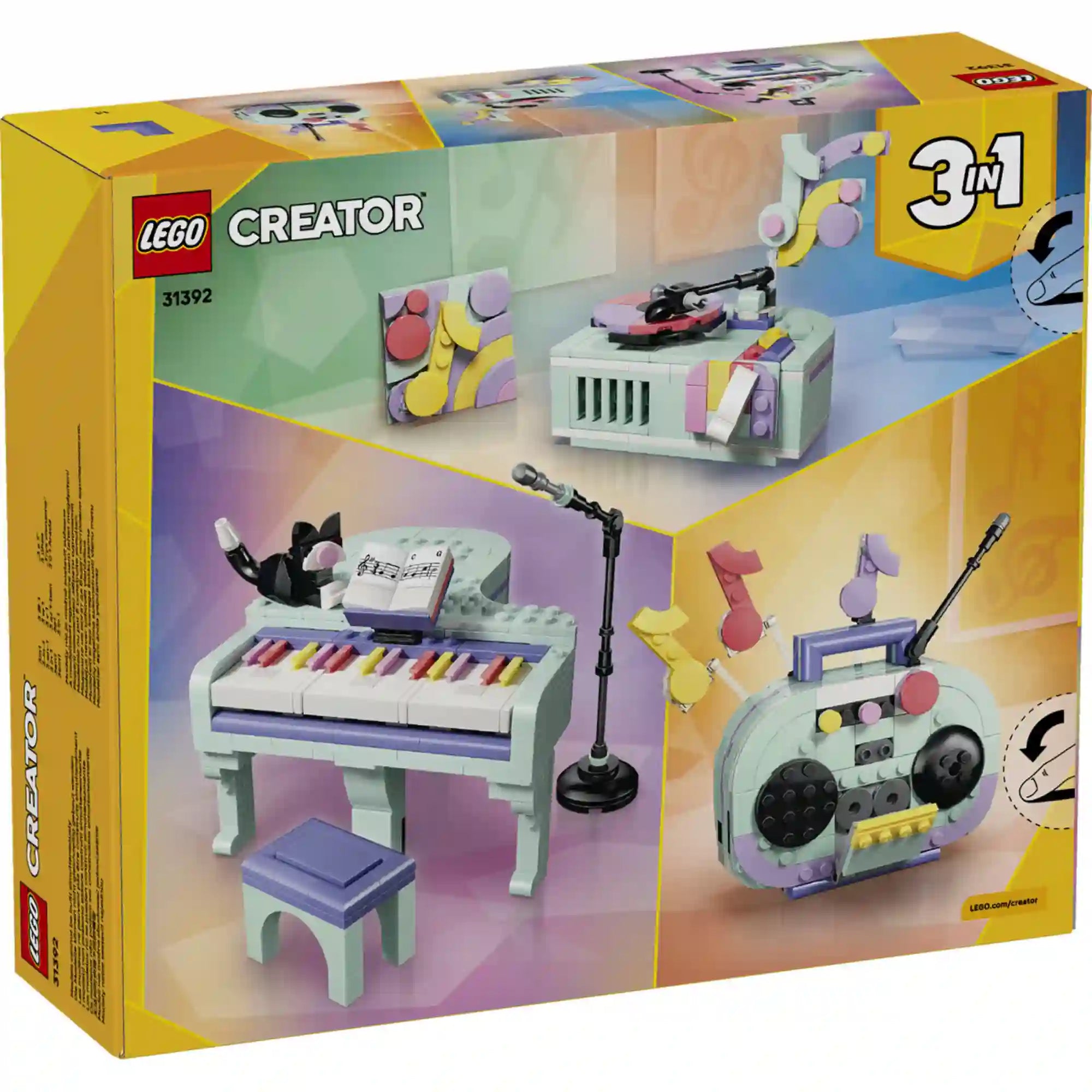 LEGO Creator: Zongora 31392, 485 darabos készlet hátoldali dobozképe, amely bemutatja a három építési lehetőséget: zongorát, lemezjátszót és rádiómagnót.
