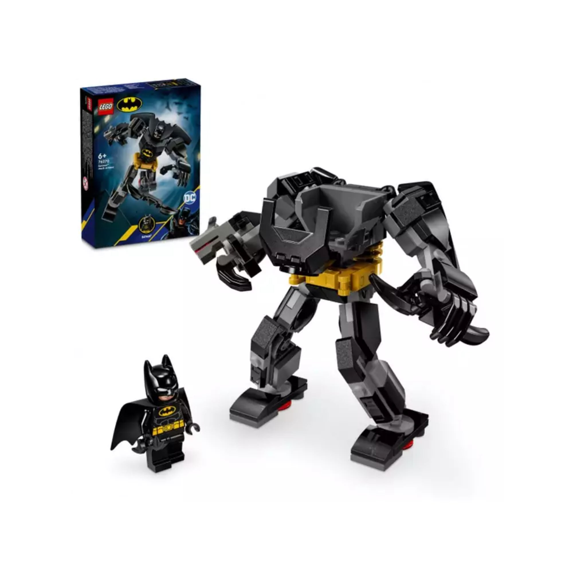 A képen a LEGO DC 76270-es szett látható, amely a „Batman: Mech Armour” névre hallgat. A csomagban egy Batman minifigura és egy páncélozott mech figura található. A mech figura fekete és arany színben pompázik, hatalmas mozgatható karokkal és lábakkal. Batman, a híres sötét lovag, a szett mellékelteként egy kisebb minifiguraként jelenik meg, amely a mech mellé állítható.